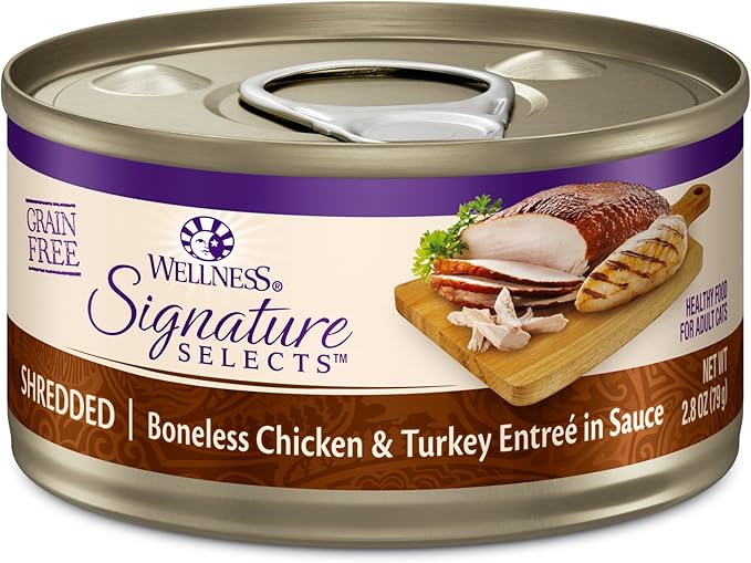 Wellness CORE Signature Selects Shredded Adult Canned Wet Cat Food, Natural, Protein Rich, Grain Free, Chicken and Turkey Entrée Recipe, 2.8 oz, Pack of 12 Cans