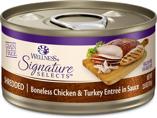 Wellness CORE Signature Selects Shredded Adult Canned Wet Cat Food, Natural, Protein Rich, Grain Free, Chicken and Turkey Entrée Recipe, 2.8 oz, Pack of 12 Cans