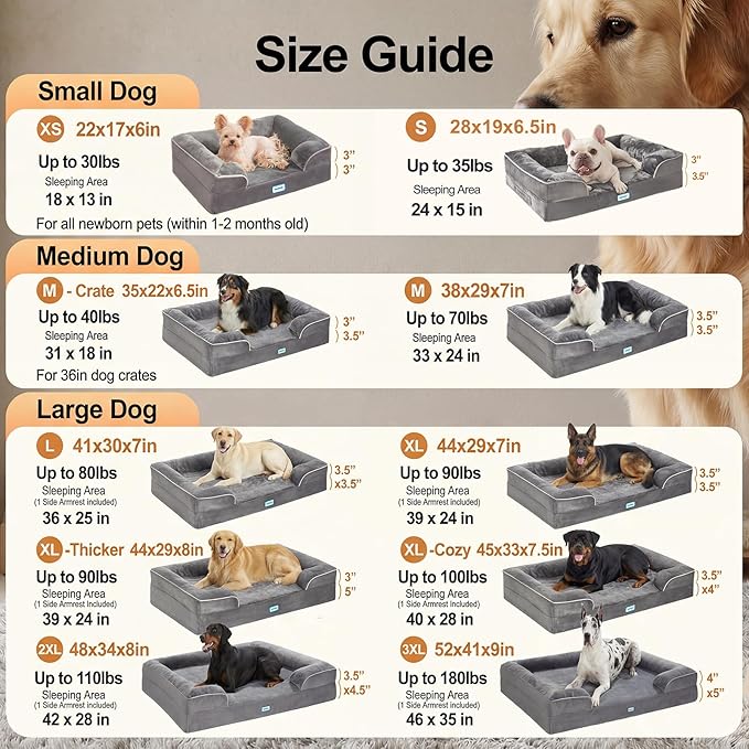 OhGeni Orthopedic Dog Bed Couch Cat Sofa for Large Sized Pets with Memory Foam, Machine-Washable Waterproof Removable Cover, Soft Comfortable Fabric, 38-inch (Gray)