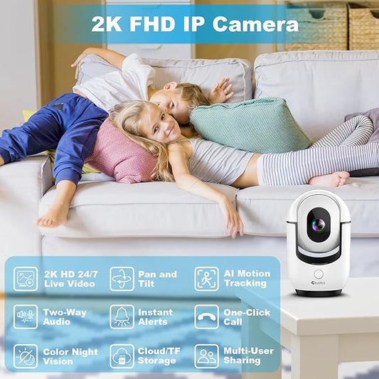 2K Pan/Tilt Security Camera, WiFi Indoor Camera for Home Security with AI Motion Detection, Baby/Pet Camera with Phone App, Color Night Vision, 2-Way Audio, 24/7, Siren, TF/Cloud Storage - 2 Pack
