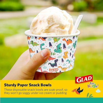 Glad for Kids Dinosaurs Paper Snack Bowls, Colorful Heavy Duty Microwave Safe Disposable Bowls for Soup, Ice Cream, and Snacks, Lids Not Included, Multicolor, Party Pack, 12 Oz, 20 Count