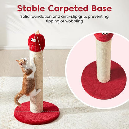 Cat Scratching Post for Small Space, 22'' Scratching Posts for Indoor Cats Adults, Extra Wide 13.4" Stable Base & Natural Sisal, Cute Cat Scratching Post with Short Plush Fabric for Large Cats, Red