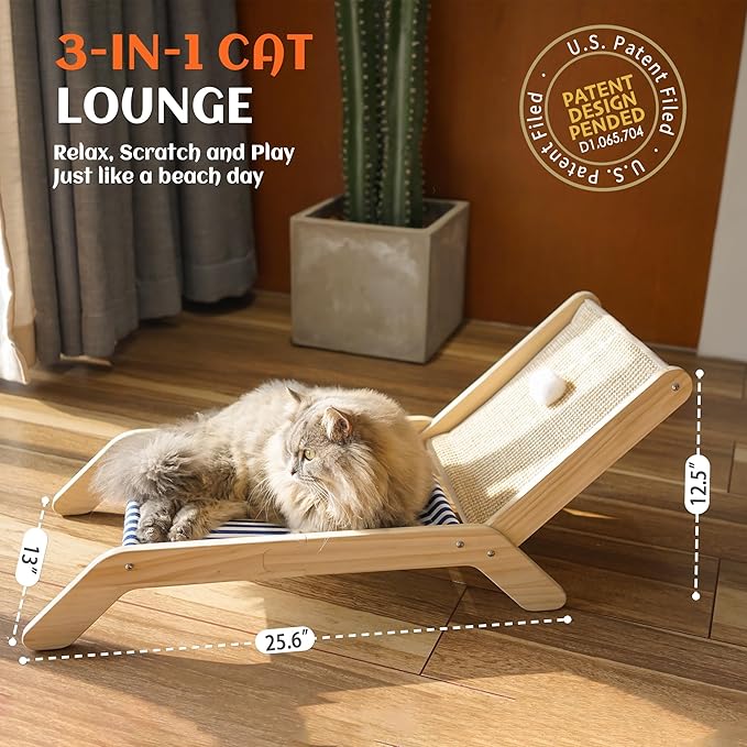 PETKARAY Beach Chair Cat Hammock, Elevated Cat Beds for Indoor Cats, Original Cozy Lounger with Sisal Scratcher and Toy Ball