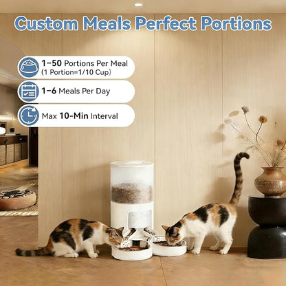 Sweetcrispy Automatic Cat Feeder for 2 Cats, 6L Automatic Pet Feeder, White | 25.3 Cups, 2 Stainless Bowls, Programmable Schedule, 6 Meals/Day, 50 Portions/Meal, Dual Power Supply, 10s Meal Call