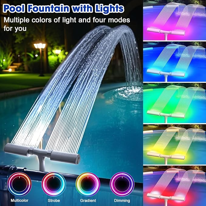Pool Fountain for Above and Inground Pools, APP Smart Control Pool Lights with 16 Color LED Lights, Waterfall Sprinkler and Adjustable Dual Sprayer for Swimming Cooling Outdoor