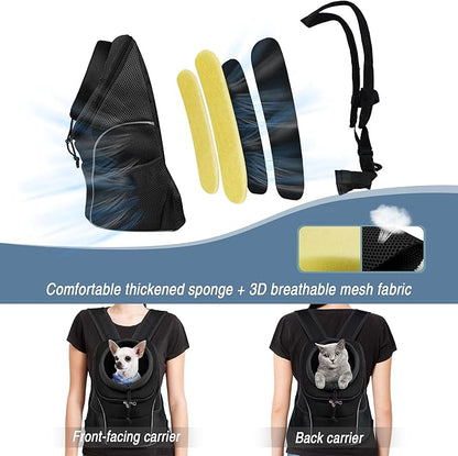 WOYYHO Pet Dog Carrier Backpack Small Dog Front Backpack Ventilated Dog Carrier Back Pack with Storage Pockets, Adjustable Straps & Safety Belt for Travel Hiking Outdoor (Size M: 5-9 lbs, All Black)