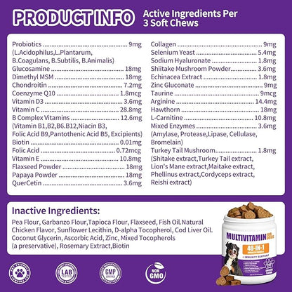 40 in 1 Dog Vitamins and Supplements 200Ct Dog Multivitamin Chewable, Immunity Support Multivitamin Vitamins with Turkey Tail Mushroom, Skin & Coat, Mobility, Gut & Heart Health, Hip & Joint Support