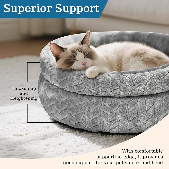 Dual-Layer Donut Cat Bed - Fluffy Round Bed for Small Pets - Ultra-Soft Cat Donut Bed for Cozy Sleep (Grey, 20 * 20 * 5.9 inch / 50 * 50 * 15 cm)