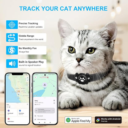 2-in-1 GPS Tracker for Cats: Smart Pet Collar with Real-Time Tracking,No Monthly Fee/Subscription (iOS & Android) Waterproof, Anti-Lost,365-Day Long Battery Life GPS Tracker Cat Collar (Black)