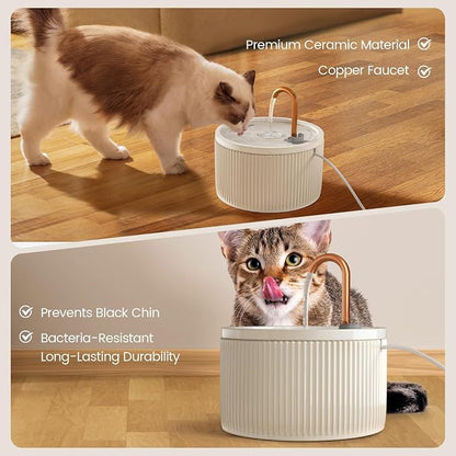 Ceramic Cat Water Fountain - 2.1L/71oz - All-Ceramic Body & Pure Copper Water Spout - Non-Toxic - Automatic Pet Drinking Fountain Indoor with Ultra-Quiet Pump, and 3Pcs Filter & Sponge (White)