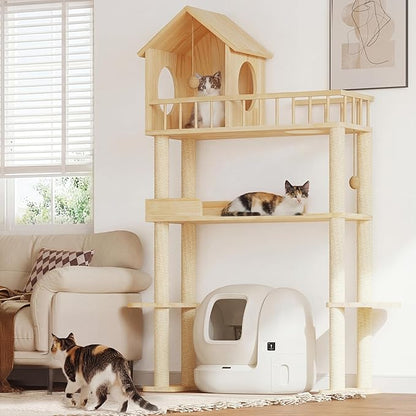 Wood Cat Tower for Automatic Litter Box, 60" Tall Cat Tree with Scratching Post, Multi-Level Solid Wood Cat Tree for Indoor Large Cats, Tall Cats Scratching Post Furniture w/House, Burlywood