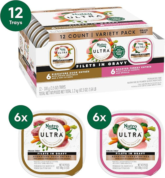 Nutro Ultra Wet Dog Food Grain Free Filets, Adult Dog Food Wet Recipe in Gravy Duck & Roasted Turkey Variety Pack, 3.5 oz. Trays (12 Count, Pack of 1)