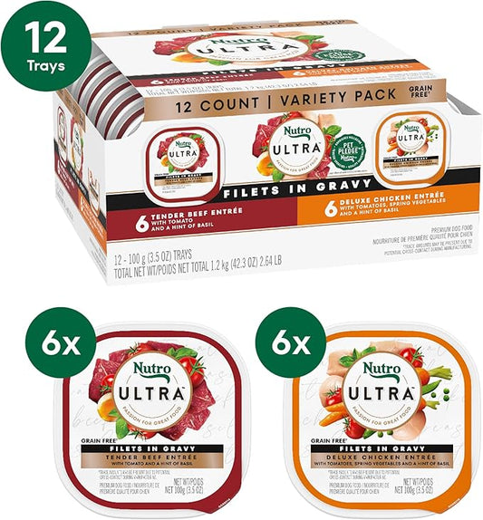 Nutro Ultra Wet Dog Food Grain Free Filets, Adult Dog Food Wet Recipe in Gravy Beef & Deluxe Chicken Variety Pack, 3.5 oz. Trays (12 Count, Pack of 1)