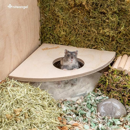 Niteangel Animal Sand-Bath Box: - Acrylic Critter's Sand Bath Shower Room & Digging Sand Container for Hamsters Mice Lemming Gerbils or Other Small Pets (Triangle, Birch-Wood)