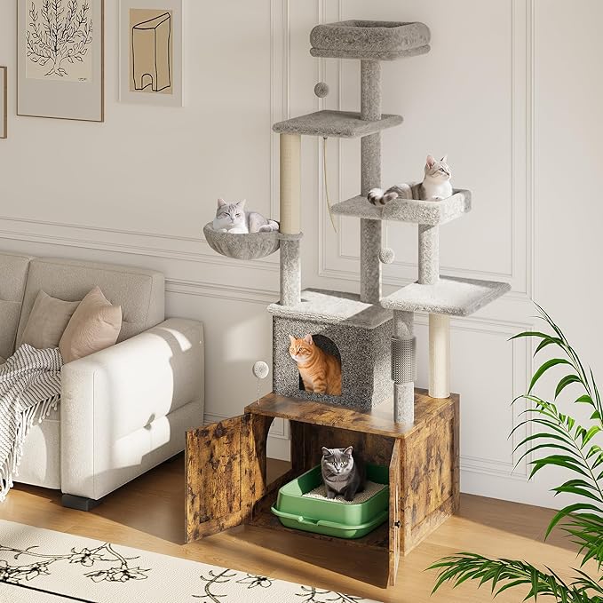 Cat Tree with Litter Box Enclosure Large, Multilevel Cat Play House with Large Condo, Spacious Hammock, Cozy Top Perch,Scratching Post and Dangling Balls