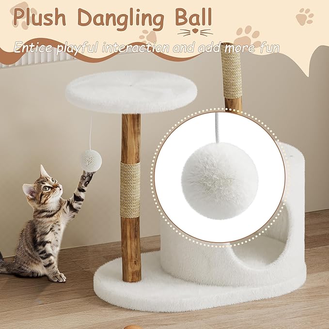 Luxury Wooden Cat Tree Tower for Large Cats41"/46" Modern Cat Condo with Natural Wood, Jute Scratching Posts, Spacious Woven Basket, Hanging Plaything Balls – Deluxe Indoor Cat Furniture, No locations