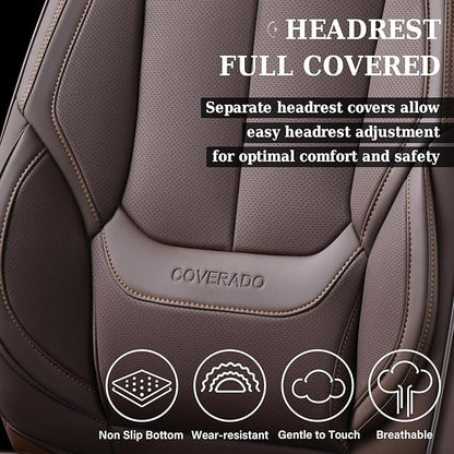 Coverado Universal Seat Covers Front, 2-Pack Universal Seat Covers for Cars, Waterproof Nappa Leather Car Seat Covers with Head Pillow, Auto Protectors Fit for Most Sedans SUV Pick-up Truck-Brown