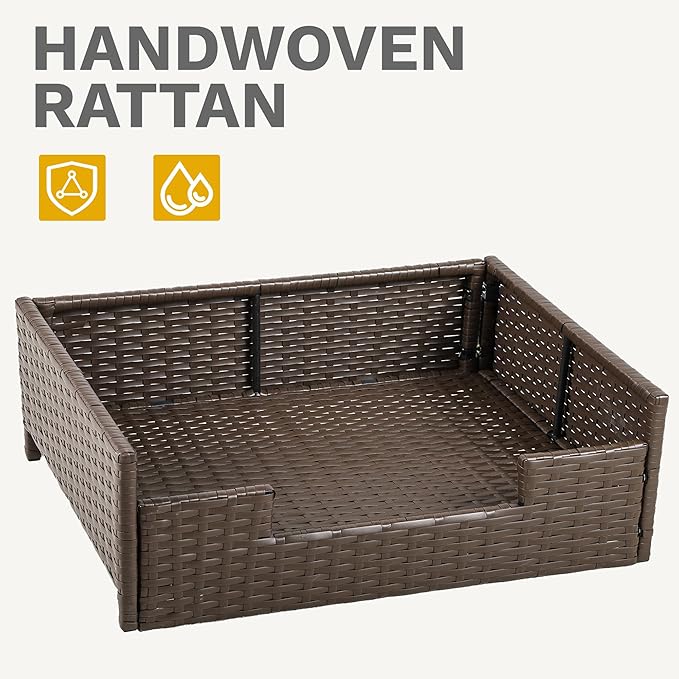 DWVO Rattan Dog House Outdoor Indoor with Cushion, Wicker Dog Sofa Bed for Small, Medium, and Large Dogs, 34.6''L*23.6''W*11.8''H, Blue