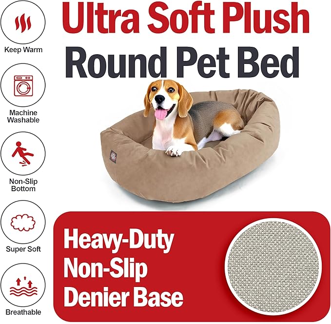 Majestic Pet 32 Inch Suede Calming Dog Bed Washable – Cozy Soft Round Dog Bed with Spine Support for Dogs to Rest their Head - Fluffy Donut Dog Bed 32x23x7 (Inch) - Round Pet Bed Medium – Stone (2025)