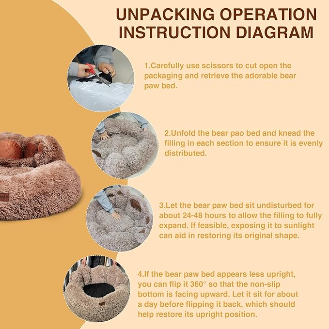 Cute Dog Bed, Fluffy Cozy Bear Paw Shape Plush Round Cat Bed for Small, Medium Dogs Large Cats, Comfortable Sleeping Puppy Cushion, Ideal for Indoor Use（Khaki,30inch