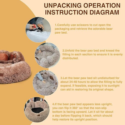 Cute Dog Bed, Fluffy Cozy Bear Paw Shape Plush Round Cat Bed for Small, Medium Dogs Large Cats, Comfortable Sleeping Puppy Cushion, Ideal for Indoor Use（Khaki,30inch