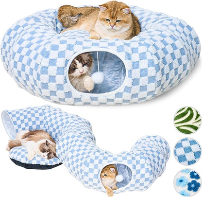 Meowfia Indoor Cat Tunnel with Donut Bed - Large Flexible Play Space for Multiple Pets - Circle or Snake Shape, Cozy Lounge (Azure Check)