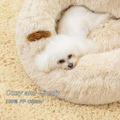 Jiupety Calming Dog and Cat Bed, Cozy Donut Cute Small Dog Beds, Anti Anxiety Round S(20" × 20" × 8") Size for Pets up to 12 lbs, Camel