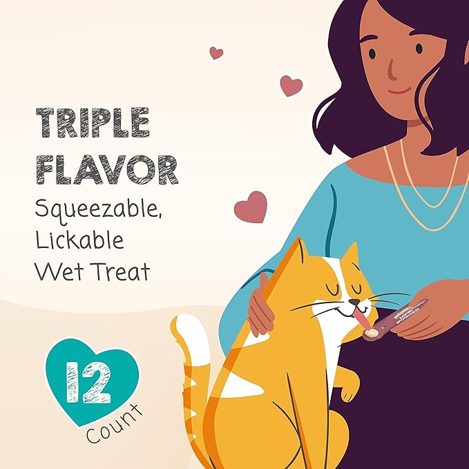 MEOWEE! Savory Spoonables Variety Pack, 12 Count Tube, Triple Flavor Squeezable Lickable Wet Treats for Cats with Built-in Spoon for Less Mess