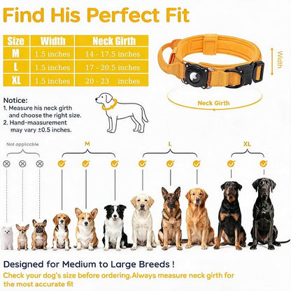 QR Code & AirTag Tactical Dog Collar - Military Grade Adjustable Reflective Collar with Control Handle, for Large Medium Dogs, Durable Nylon Metal Buckle (Yellow-L)