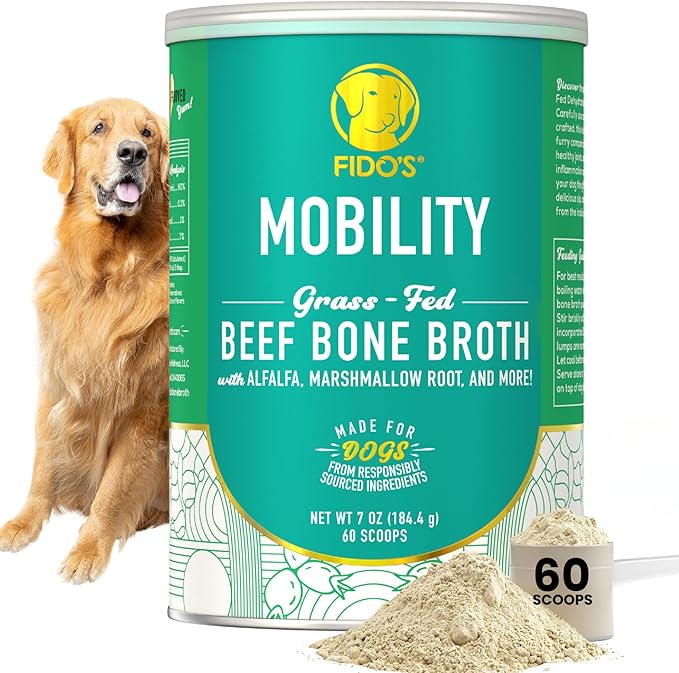 Fido's Mobility Bone Broth for Dogs - Grass-Fed Beef Bone Broth Powder & Organic Herbs - Joint Supplement for Dogs - Dog Food Topper for Dry Food - 60 Scoops