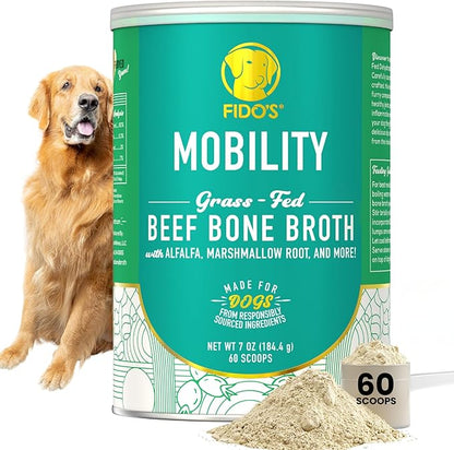 Fido's Mobility Bone Broth for Dogs - Grass-Fed Beef Bone Broth Powder & Organic Herbs - Joint Supplement for Dogs - Dog Food Topper for Dry Food - 60 Scoops