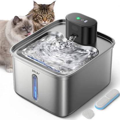 Wireless Cat Water Fountain, 99oz/2.8L Pump-Free Ultra-Quiet Pet Water Dispenser, 304 Stainless Steel with Multi-Layer Filtration, 3 Smart Modes & Motion Sensor, Fountain for Cats/Dogs