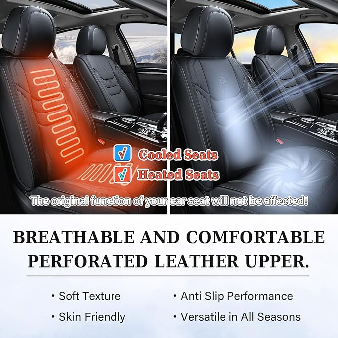 Coverado Leather Seat Covers for Cars, Car Seat Covers Full Set, Breathable Car Seat Protector with Lumbar Support, Black Seat Covers, Front and Back Waterproof Seat Cover Universal Fit for Most Cars