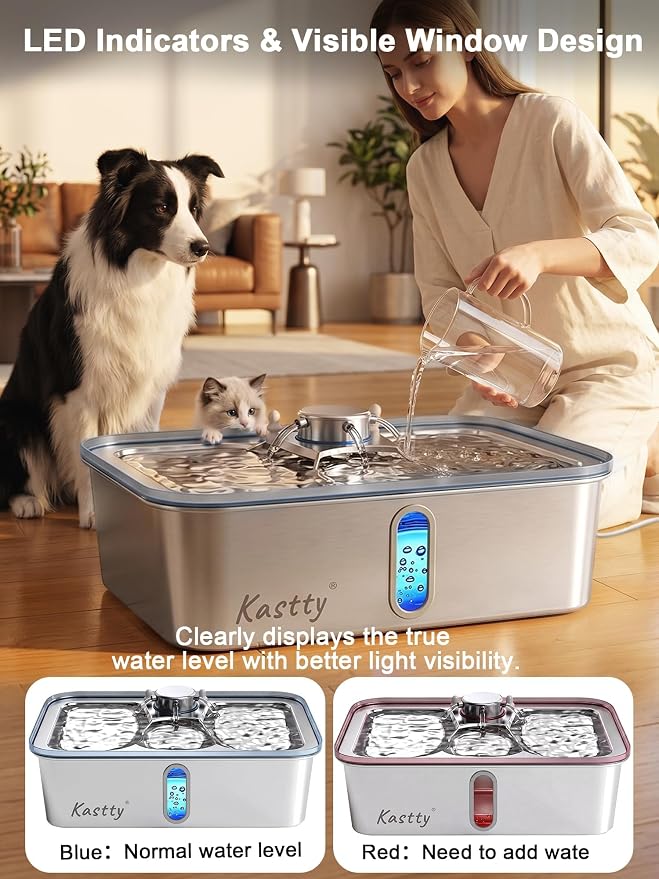 Kastty 17L/4.5Gal Stainless Steel Dog Water Fountain for Large Dogs | Large Capacity Pet Water Fountain,Quiet Automatic Dog Water Bowl Dispenser with LED Light, Easy to Clean for Multi-Pet FS84