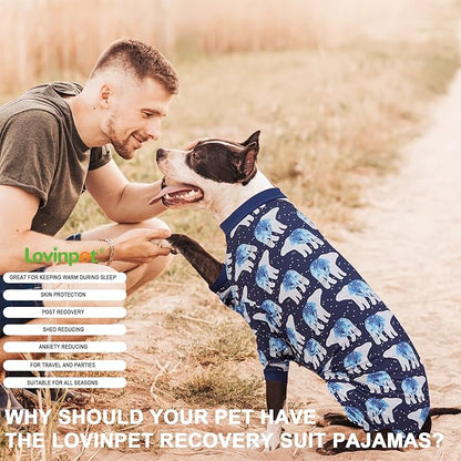 LovinPet Big Dog Pajamas, Post Surgery Onesie UV Protection, Blue Triangle Print, Lightweight Stretchy Big Dogs Pullover Shirt, Full Coverage Large Breed Dog Jammies, Pet PJ's, 3XL