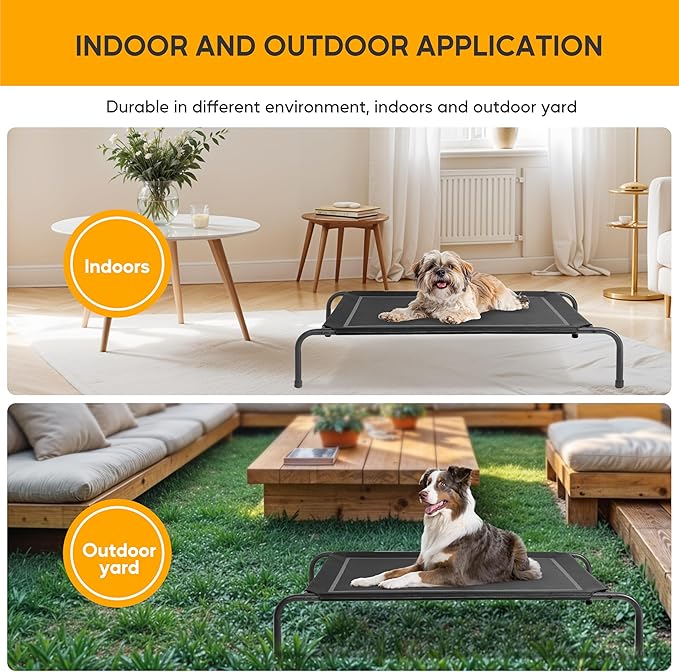HealSmart Cooling Elevated Dog Bed Outdoor Raised Portable Dog Cot Beds No-Slip Feet Durable Portable Pet Hammock Bed, 42x25.5x8 Inch, Black