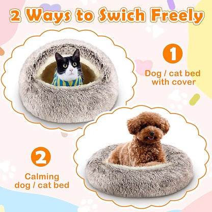 Cinnvoice 2 Pcs Self Warming Cat Beds with Hood, Self Heating Dog Cave Bed, Fluffy Round Covered Pet Pad, Plush Hooded Pet Beds with Non-Slip Bottom for Indoor Cat or Small Middle Dog(Coffee,24 in)