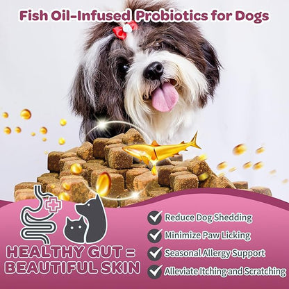 NATURE TARGET Probiotics for Dogs & Digestive Enzymes for Digestive Health - Plus Fish Oil & Vitamins Supplement for Allergies & Immune & Itchy Skin, 120 Chicken Flavor Probiotic Soft Chews