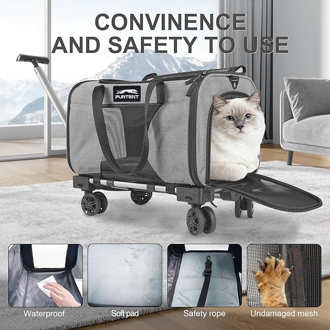 Soft Sided Cat Carrier Wheels Rolling Dog Carrier Airline Approved Pet Carrier with Wheels for Puppy and Kitten with Telescopic Handle and Trolley for Traveling Camping Vet Hiking,Grey
