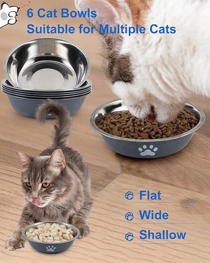 Stainless Steel Cat Bowl Set - Whisker Friendly Wide Shallow Cat Food Bowls, Non-Slip Cat Dishes, 6-Pack Cats Food & Water Bowls for Multi-Cat Homes, Indoor & Outdoor Use