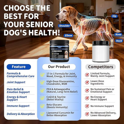 Senior Advanced Joint Supplement for Dogs – 17-in-1 Glucosamine for Dogs with Chondroitin – Hip & Joint Pain Relief Pills – Mobility Support Chews – Large & Small Breeds - Beef Flavor – 90Ct