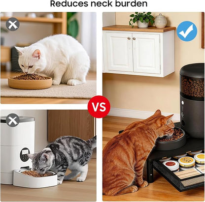 W‌SOWX Adjustable Automatic Cat Feeder Stand, Elevated Cat Food Stand,Black | With Drawer and Cat Food Mat,Raises Feeder/Bowls by 4.1"/4.9"/5.7",Relieves Spine and Joints Noticeably on Pets-Sturdy Metal