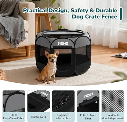 Dog crate fence with a dog inside, surrounded by living room furniture and decor.