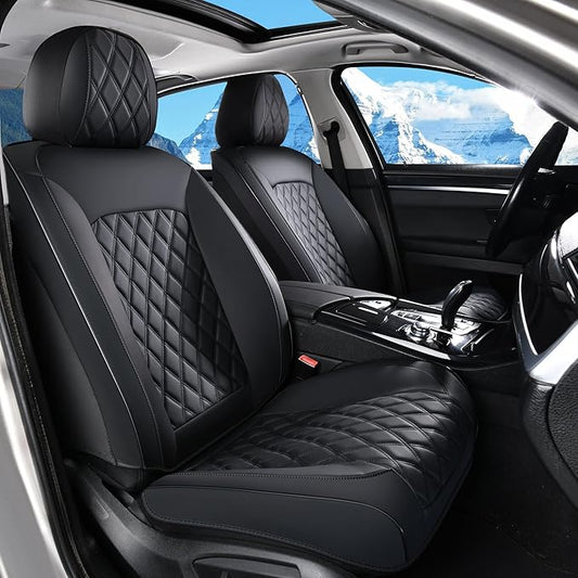 Huidasource Front Seat Covers, Car Seat Covers Front Seats Nappa Leather, Side Elastic Fabric, Compatible with Airbags, Seat Belts, Universal Fit for Most Cars, Vans, Trucks, SUV (Front Pair/Black)