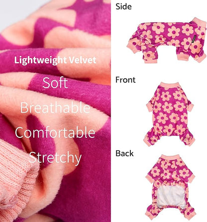 Fitwarm Flower Fleece Dog Pajamas, Warm Winter Dog Clothes for Small Dogs Girl, Cozy Pet Onesie with Feet, Pink, Large