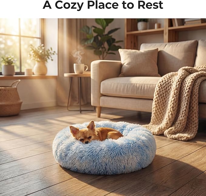 Tiny Dog Bed 15 Inch for Extra Small Dogs,Washable Puppy Bed,Soft Faux Fur Calming Donut Bed for Chihuahua Yorkie Maltese Pomeranian,Blue and White