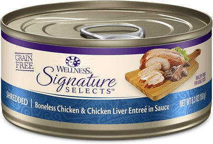 Wellness CORE Signature Selects Shredded Adult Canned Wet Cat Food, Natural, Protein Rich, Grain Free, Chicken Entrée Recipe, 5.3 oz, Pack of 12 Cans