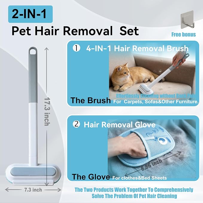 Magic Pet Hair Remover Brush Set for Dogs & Cats, 4-in-1 Hair Removal Tool, Hair Glove, Metal Hook for Furniture, Couch & Car Seats