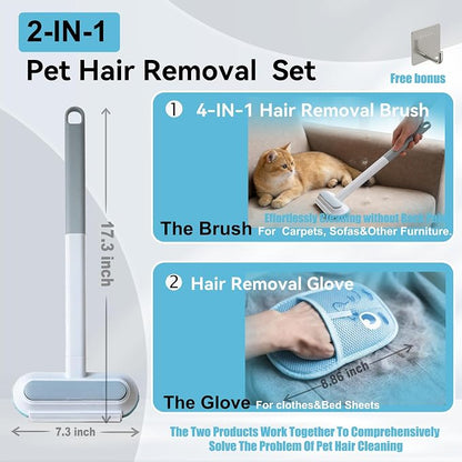 Magic Pet Hair Remover Brush Set for Dogs & Cats, 4-in-1 Hair Removal Tool, Hair Glove, Metal Hook for Furniture, Couch & Car Seats