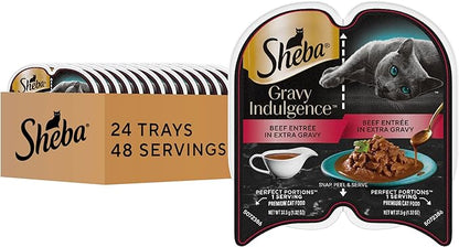 Sheba Gravy Indulgence Adult Wet Cat Food, Wet Food for Cats Beef Entree in Extra Gravy, 2.6 oz. Twin-Pack Trays (24 Count, 48 Servings)